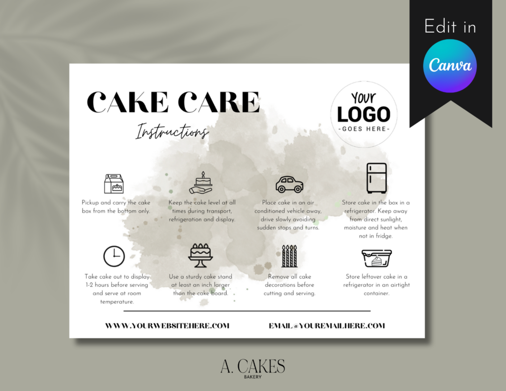 This is A. Cakes Bakery's Lux Modern Cake Care Card that is a digital download to be used in Canva.