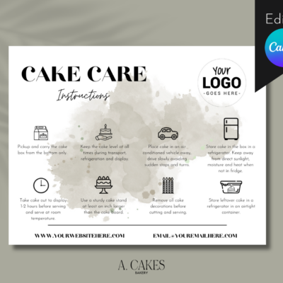 This is A. Cakes Bakery's Lux Modern Cake Care Card that is a digital download to be used in Canva.